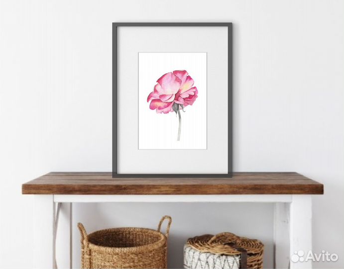 Картина розовая роза акварелью 25х20см