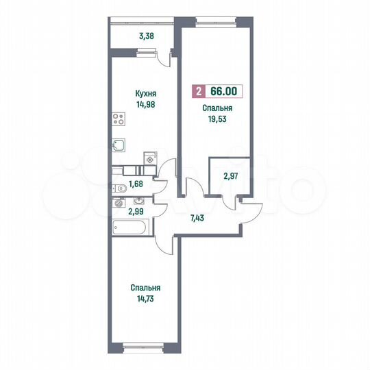 2-к. квартира, 66 м², 7/16 эт.