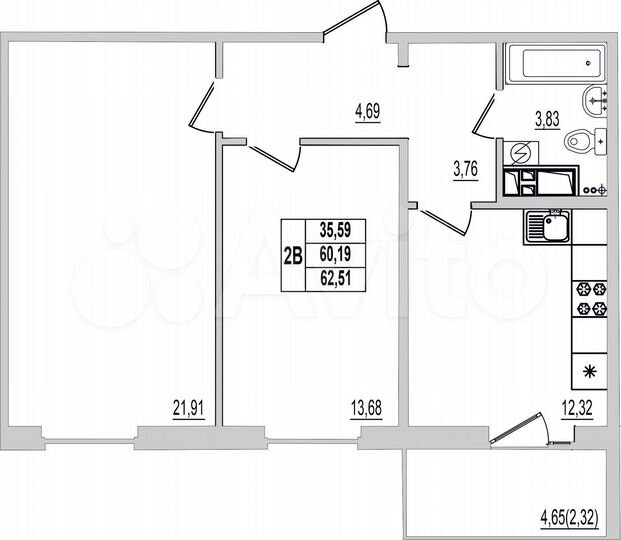 2-к. квартира, 62,5 м², 8/9 эт.