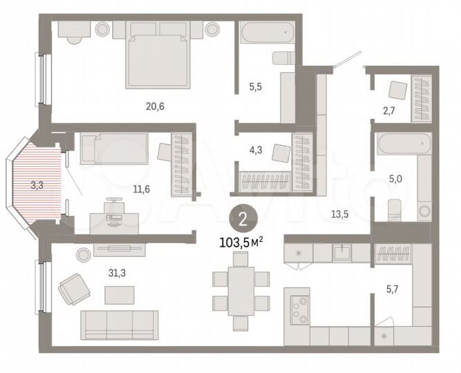 2-к. квартира, 103,5 м², 7/16 эт.