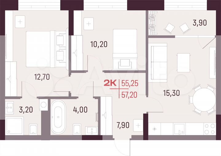 2-к. квартира, 55,3 м², 9/25 эт.