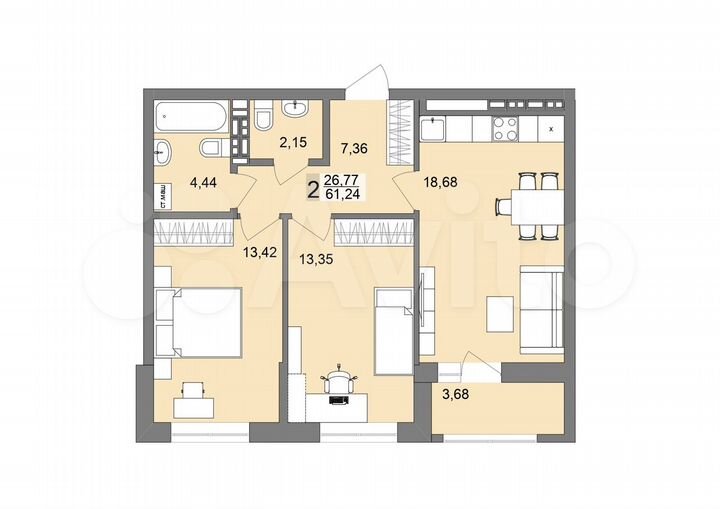2-к. квартира, 61,2 м², 18/19 эт.