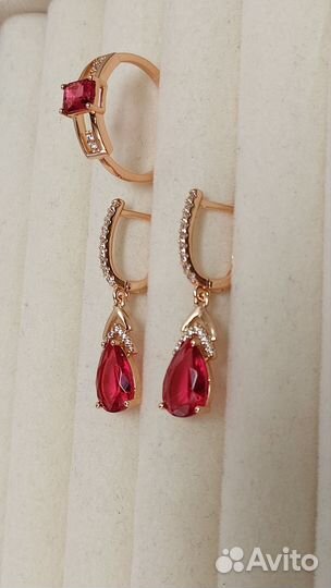 Золотые серьги циркон рубин новые проба 585 RG