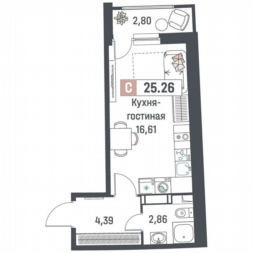Квартира-студия, 25,3 м², 3/18 эт.