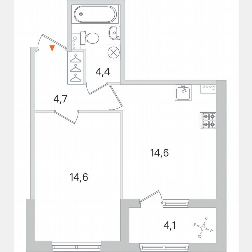 1-к. квартира, 40,4 м², 1/4 эт.