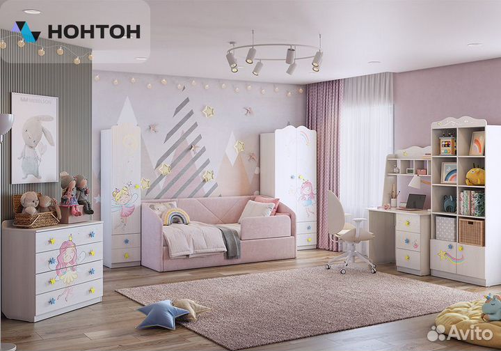 Детский гарнитур Чудо К2 белый рамух / нежно-розов