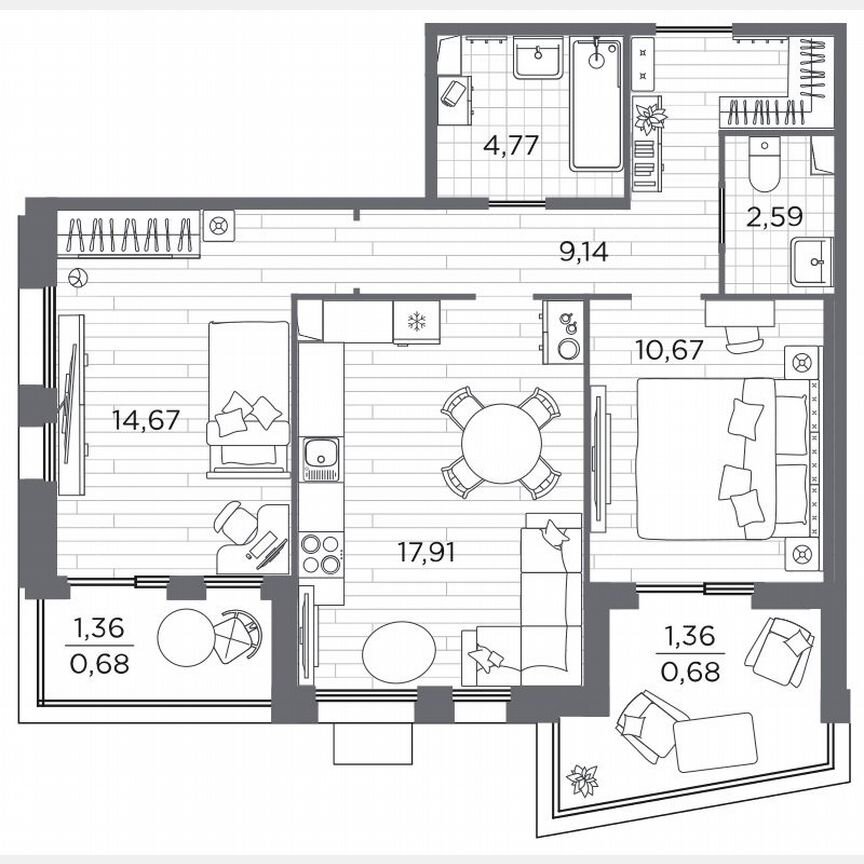 2-к. квартира, 61,2 м², 2/13 эт.