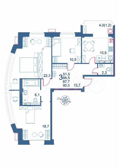 3-к. квартира, 90,5 м², 2/9 эт.