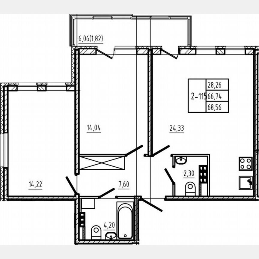 2-к. квартира, 66,7 м², 4/4 эт.