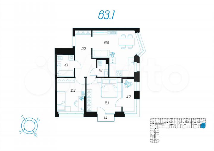 2-к. квартира, 63,1 м², 6/24 эт.