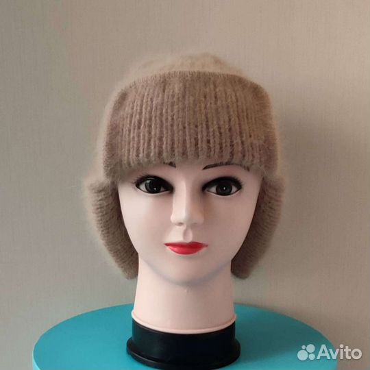 Вязанная шапка-ушанка из пуха норки