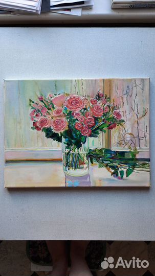 Картина маслом Розы у окна 30 на 40 см