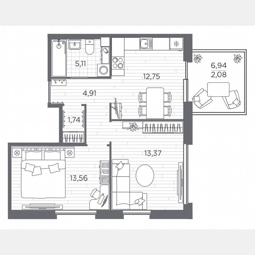 2-к. квартира, 53,5 м², 1/5 эт.
