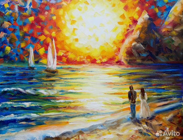 Картина маслом пейзаж море лодка цветы