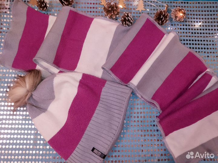 Зимний набор - вязанные шарф в полоску и шапка