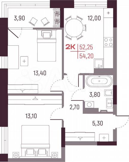 2-к. квартира, 52,3 м², 12/25 эт.