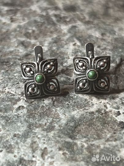 Серебряные серьги, нат зел. Бирюза, винтаж, СССР