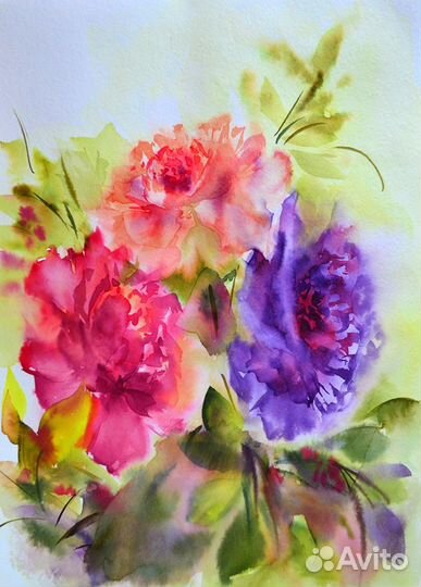 Картина акварелью цветы средний размер
