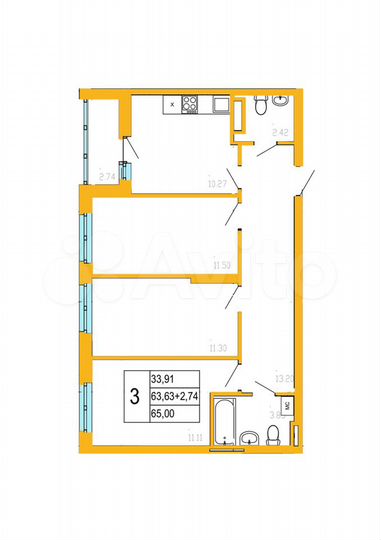 3-к. квартира, 65 м², 7/18 эт.