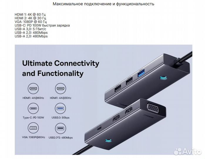 Разветвитель USB хаб Type-C to hdmi x2 Baseus