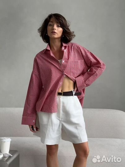 Рубашка клетка виши красно белая хлопок
