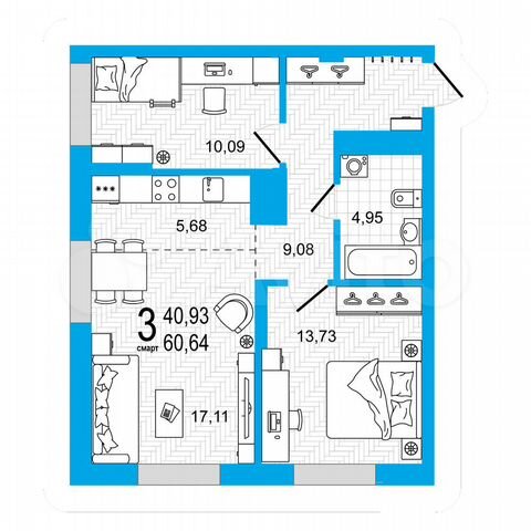 2-к. квартира, 60,6 м², 16/27 эт.
