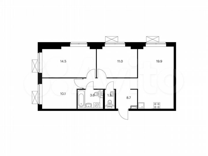 3-к. квартира, 69,1 м², 12/21 эт.