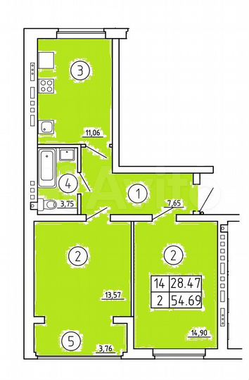 2-к. квартира, 54,6 м², 4/4 эт.