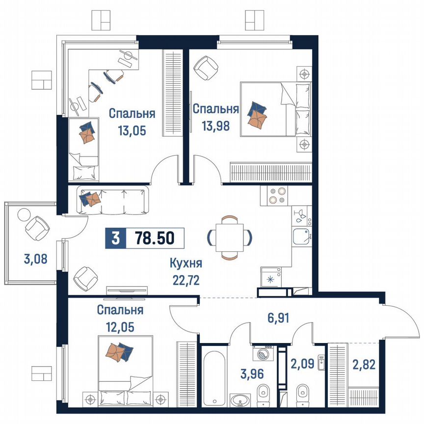 3-к. квартира, 78,5 м², 17/18 эт.