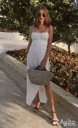 Платье летнее Zara миди с биркой в горошек белое