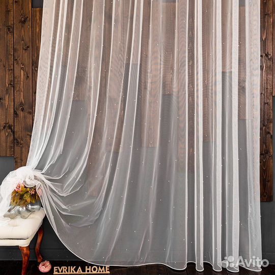 Тюль с жемчужинками Грейс Айвори