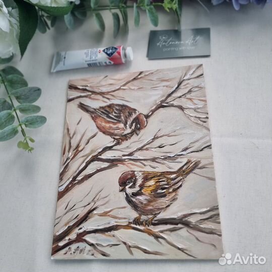 Воробьи картина маслом птичка воробей миниатюра