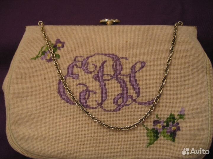 Винтажная вышитая сумка фиалки