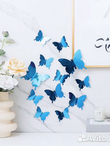 Набор зеркальных 3D бабочек 12 шт (голубые)