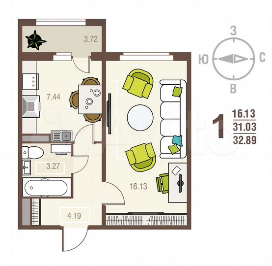 1-к. квартира, 32,9 м², 2/17 эт.