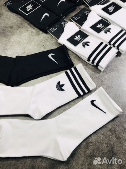 Носки высокие белые/черные; nike/adidas хлопок