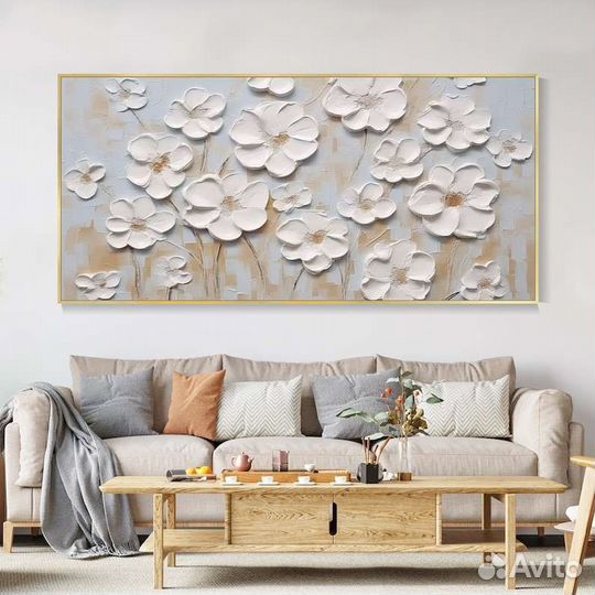 Текстурная картина маслом на холсте 3D Белые цветы