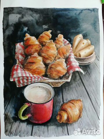 Живопись, натюрморт, кофе, булочки, выпечка