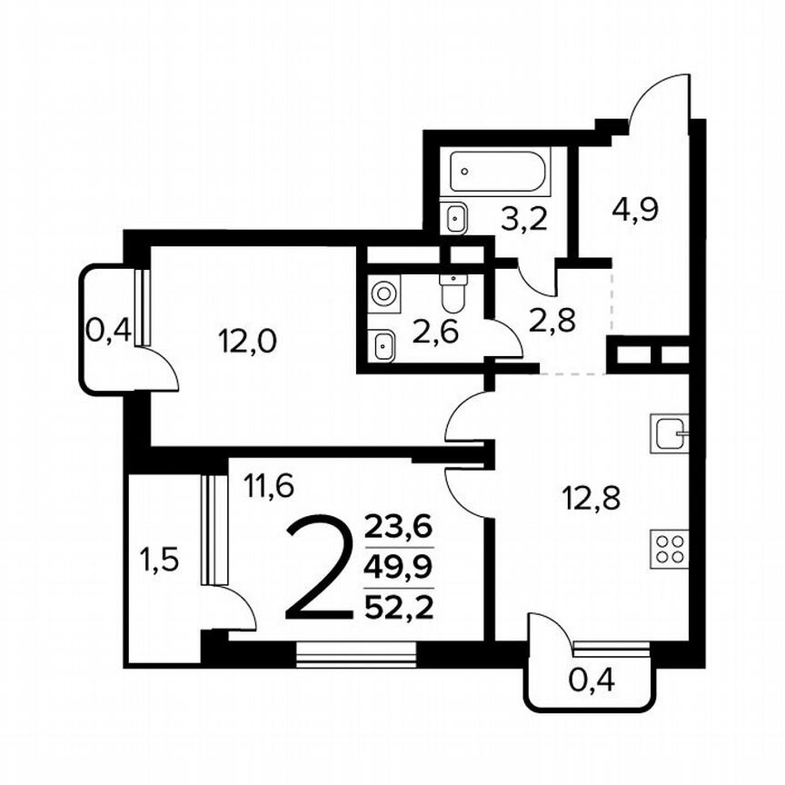 2-к. квартира, 52,2 м², 7/14 эт.