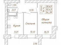 2-к. квартира, 54,4 м², 6/13 эт.