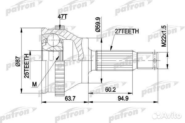 Patron PCV1617AL шрус наружн прав к-кт A27 B25 D59