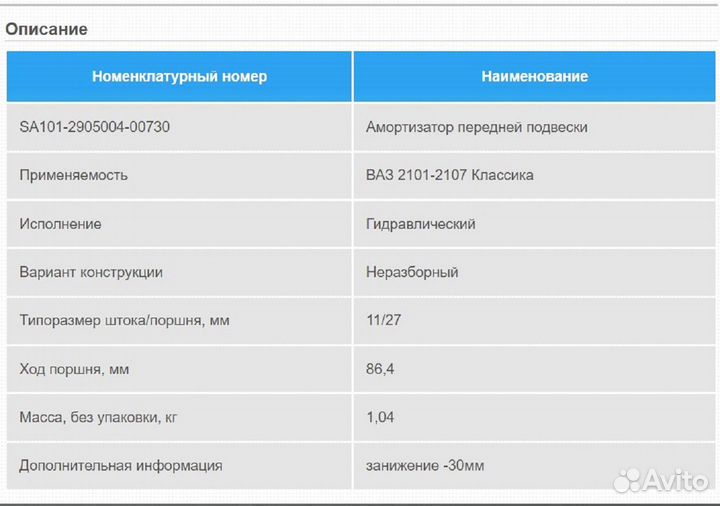 Амортизаторы передние ваз 2101 - 2107 -30мм