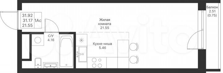 Квартира-студия, 31,9 м², 4/24 эт.
