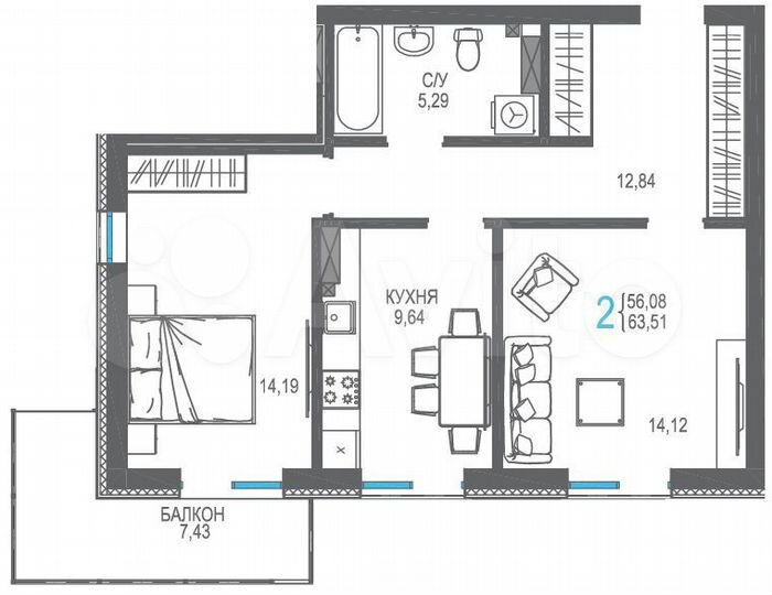 2-к. квартира, 63,5 м², 9/16 эт.