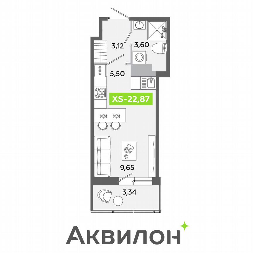 Квартира-студия, 22,9 м², 6/12 эт.