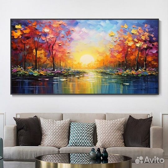 Картина маслом на холсте Осенний пейзаж с закатом