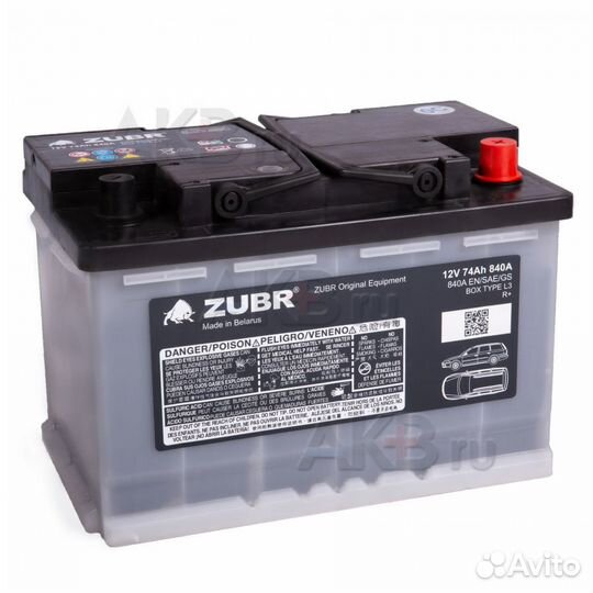 Аккумулятор автомобильный zubr OE 74R 840A (278x17