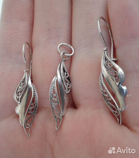 СССР Редкие Серьги Кулон Серебро 875 Филигрань