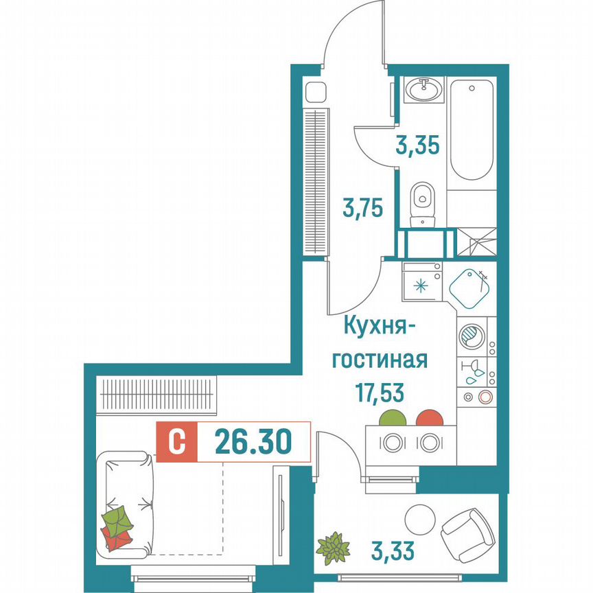 Квартира-студия, 26,3 м², 12/18 эт.