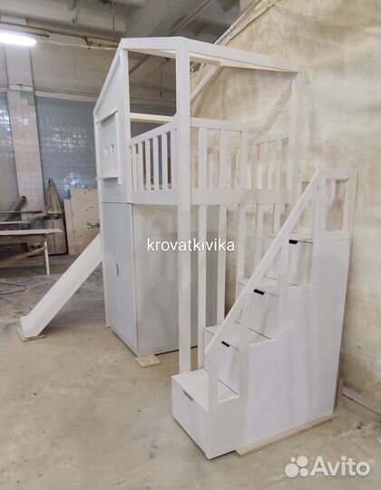 Эко кровать детская - чердак домик с горкой